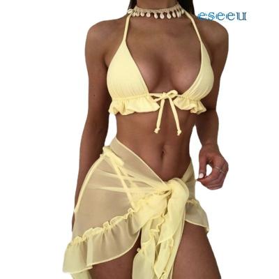 China 2022 wholesale women's QUICK-DRY special sexy swimwear halter top waist three-piece bikini copy new lace up swimsuit for sale