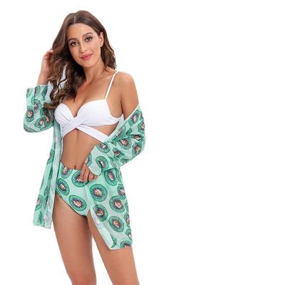 China Anti-UV Bikini 3 Piece Set Mesh Beach Cover Up Long Sleeve Bikinis Tropical Print Swimwear High Waist Swimsuit for sale