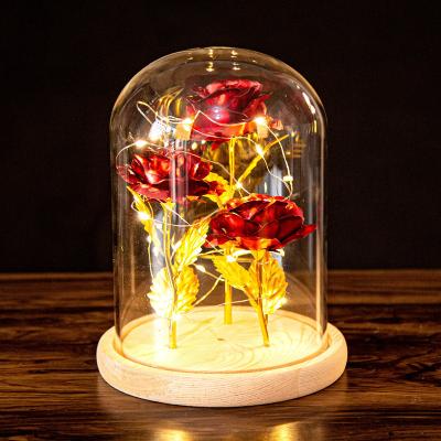 China Fashional 24K Gold Foil Three Rose Flower Glass Cover Ornaments Creative Luminous Valentine's Day Gift LED Gift for sale