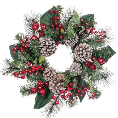 China Natural Touch Fake Hanging Garland Green Berry Pinecone Christmas Wreath Front Door Decoration Artificial Flowers for sale