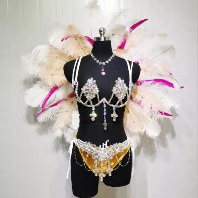 China Good Quality Handmade Samba Rio Carnival Wire Bra+Panty+Feather Headdress Sets With Sexy Stone Belly Dance Costume CF002 for sale