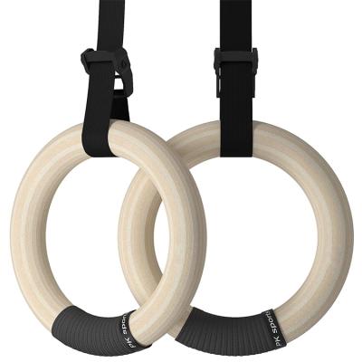 China Stan Adjustable Logo Printed Fitness Strength Training Gym Wooden Rings With Straps Rings ST018 for sale