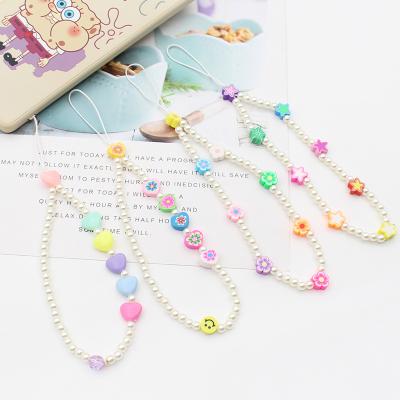 China New Design Coloful Phone Decoration Beaded Phone Chain Bohemia Letter Polymer Clay Phone Charms Chain Acrylic Cell Phone Strap for sale