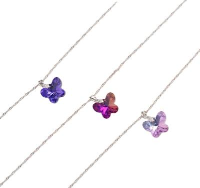 China Beautiful New Tasty Bling Crystal Pink Purple Butterfly Pendant Clear Glass Charm Long Necklace Lovely For Girls Gift for sale