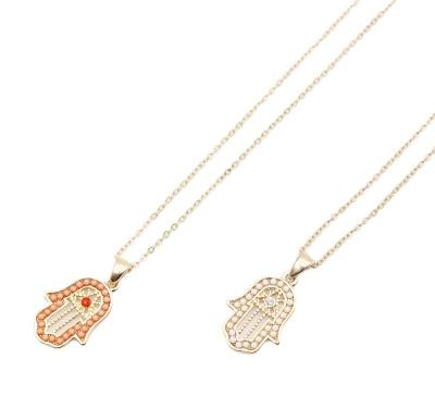 China Long Hot Gold Plated Egyptian Crystal Acrylic Bead Egyptian Hamsa Link Chain Rhinestone Hand Evils Eye Pendant Necklace for sale