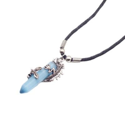 China Antic Silver Crystal Choker Necklace Fly Dragon Pendant Rope Punk Gemstone Wax Vintage Jewelry For Men for sale