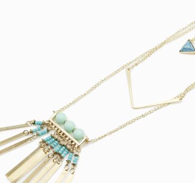 China Custom Gold Plated Spring Jewelry Spring Color Turquoise Triangle Bar Seed Beaded Multi Layer Women Long Thin Chain Necklace for sale