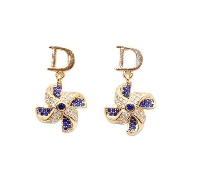 China 2020 Fashion Hot Selling Gold Color Zircon Rhinestone Letter Windmill Brass Colorful Shiny Stud Earrings for sale