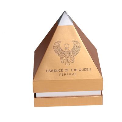 China Recycled materials custom luxury pyramid perfume gift box with black EVA liner, perfume box made of silver drawing cardboard, triangle box, for sale