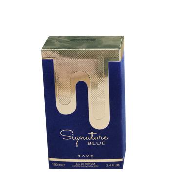 China Wholesale Recycled Materials Factory Luxury Perfume Paper Box For Men Made Of Silver Cardboard With New Blue Flocking And Embossing Design for sale