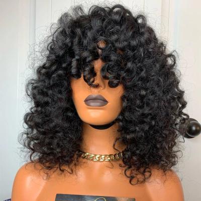 China Curly Brazilian Remy Hair Jerry Curly Human Hair Wigs With Bangs Full Bangs Natural Seam Machine Made Wigs for sale