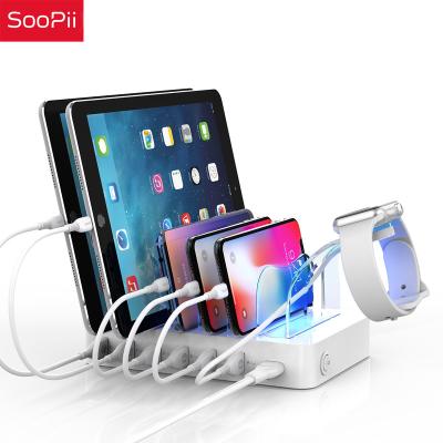 China SooPii 6 Phones Wall Mounted 60W Left Phone Charging Station For Multiple Devices For Apple, Docking Station With 8 Mixed Cable Inside for sale