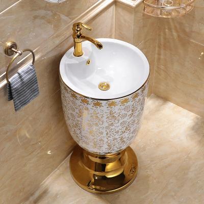 China SONGCI Easy Cleaning Standing Gold Pedestal Wash Basin Luxury One Piece Corner Sink for sale