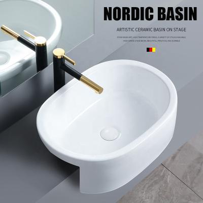 China Modern SONGCI No Faucet Hole Semi Recessed Ceramic Art Drop Basin Hotel Rectangular Bathroom Sink for sale