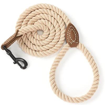 China High Quality DETACHED Braided Cotton Rope Dog Leash with Tailor Leather Handle and Heavy Duty Metal Sturdy Clasp for sale