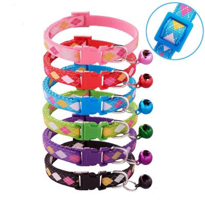 China Wholesale 1.0cm Diamond Printed Nylon Pet Collar Quick Release Cat Collar Webbing Bell Rhombus Pattern Dog Collar for sale