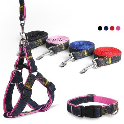 China Detachable Adjustable Heavy Duty Nylon Pet Leash Denim Design Dog Collar and Leash Harness Matching Set Wear Resistant for sale