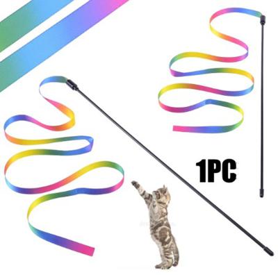 China Interactive Stocked Cat Ribbon Charmer Stick Rainbow Wand Toys Kitten Toys Cat Teaser Wand for sale