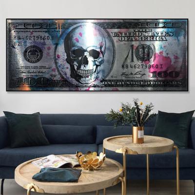 China Modern Artwork Wall Art Money Dollars Picture Waterproof Dollar Skull Art Canvas Poster And Prints for sale