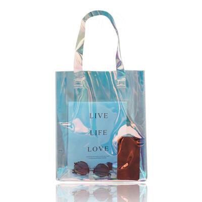 China Fashion Hologram Transparent Holographic Iridescent PVC Tote Bag Clear Laser Handbag Iridescent Shopping Bag for sale