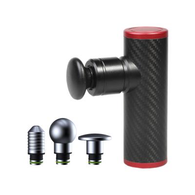 China 2021 Hot Amazon Body Sales Customized Carbon Fiber Mini Massage Gun With Aluminum Metal Massage Heads for sale