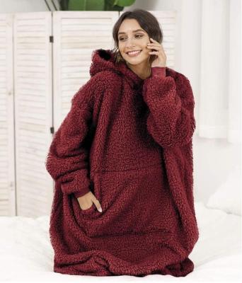 China Large Cashmere TV Sherpa Blanket Burgundy Lamb Sherpa Pajamas Pocket Hoodie Pajamas Blanket for sale