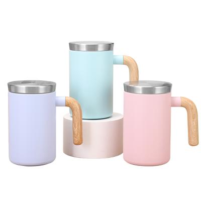 China PORTABLE Coffee Mug Wall Stainless Steel 450ml Insulated Double Tea Cups With Handle Portable Vacuum Wood Cup Tumbler for sale