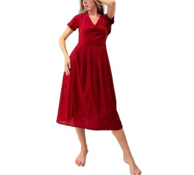 China Anti-Static Women's Skirt Long V-Neck Style Backless Popular Short Sheath Midi Red Sexy Linen Dress for sale