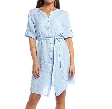 China Women Breathable Canvas V-neck Dress Solid Color 100% Short Sleeve Short Canvas Dress for sale