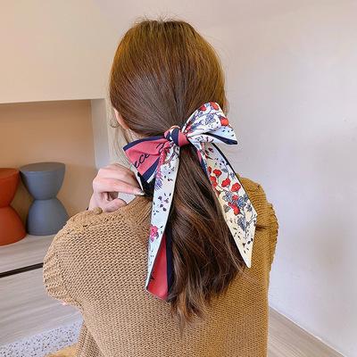 China Popular Fashion Print Chiffon Check Grace Long Ribbon Bow Lady Headdress Scrunchie Ponytail Holder Tie Women Scarves Silk Hair Band for sale