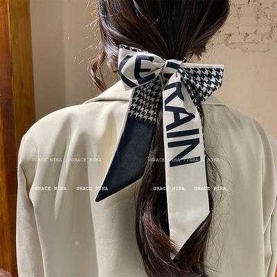 China Multifunctional Fashion Retro Flame Letters Houndstooth Hair Popular French Ponytail Holder Tassel Hair Band Women Hair Silk Scarf for sale