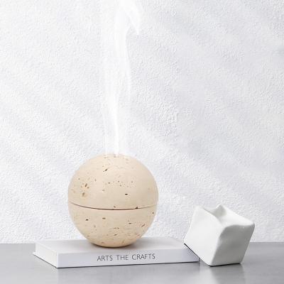 China Chinese Beige Home Hotel Decoration Marble Censer Incense Holder Religious Round Travertine Incense Ornament for sale