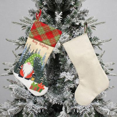 China Home Decor 2021 Personalize Christmas Decoration Supplies Color Canvas Christmas Stocking Sock Christmas Tree Ornament Gift Candy Bag Flaxen for sale