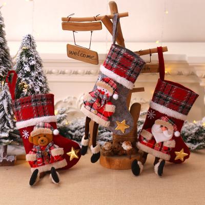 China Christmas Home Decor Plaid Christmas Stocking Sock with New Year Long Legged Chimney Sack Candy Gift Christmas Dolls Decoration Hanging Home Decor for sale