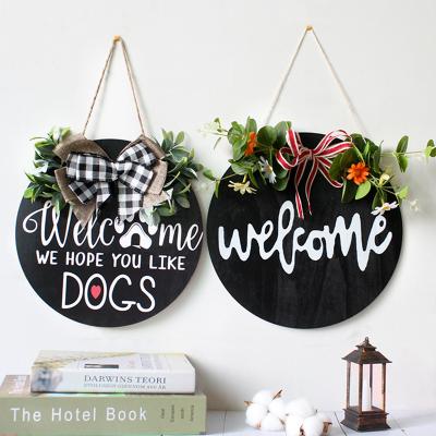 China ALL Home Braids Front Door Welcome Sign For Farmhouse Round Flowers And Bows Hanging Sign Vertical Decoration For Home Front Porch for sale