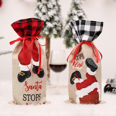 China Red Black Creative Burlap Plaid Burlap Wine Bag Santa Rising Chimney Pattern Christmas Wine Bottle Covers Christmas Decoration for sale