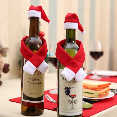 China Nonwoven Fabric 2Pcs/set Mini Santa Red Hat Scarf Set Wine Bottle Covers For Home Decoration Christmas Party Table Mini Hat Wine Bottle Covers for sale