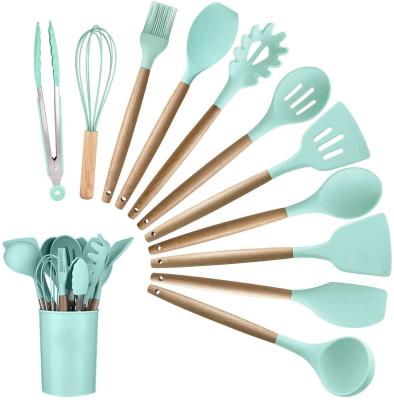 China Viable Kitchen Cookware Set 12pcs Silicone Tool Kit With Wooden Handle And Holder Kitchen Instrument Set Gift for sale