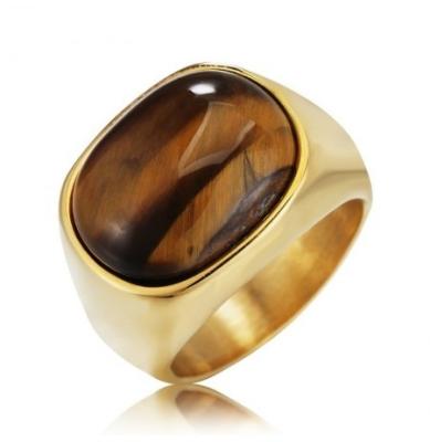 China Tiger Eye Jewelry 18K Gold Plating Stainless Steel Jewelry Oval Cut Tiger Eye Stone Titanium Steel Ring For Women for sale