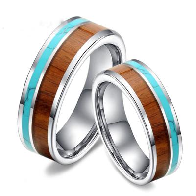 China Ring Wholesale Hawaiian Jewelry Koa Wood Tungsten Ring 6MM 8MM KOA Inlay Turquoise Tungsten Wood Ring for sale