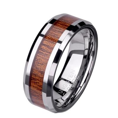 China Vintage Brown Wood Inlay 8MM Wide Tungsten Carbide Band Ring Premium Fashion Stainless Steel Finger Ring for sale