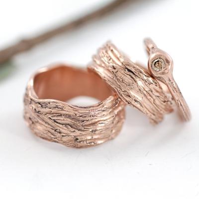 China Stainless Steel Bark Ring Rose Gold Color Band Tree Stainless Steel Ring Wholesale Irregular Rough Hammered for sale