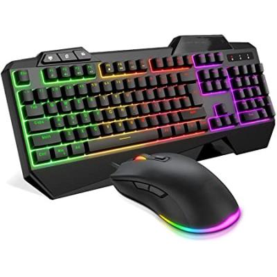 China Plug and Play Wired Gaming Keyboard and Mouse RGB Backlit Combo Gaming Keyboard with Multimedia Keys Wrist Rest and Red Backlit Gaming Mouse for sale