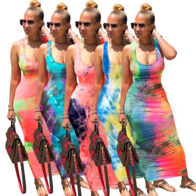 China 2XL Anti-Static Printed Long Tie Strap Sundress Loose Dye Maxi Dress Plus Size Women Summer With Pocket for sale