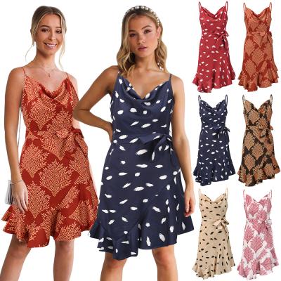 China 2021 Anti-Static Pringted Slim Elegant Summer Dress Sun Floral Bandage Dresses Strap Summer Casual Dress for sale