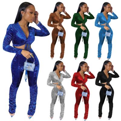 China 2021 Autumn Women Clothing New Ladies Velvet Jacket Sweatsuit Women Two Piece Set Pleated Velvet Tracksuits Vintage for sale