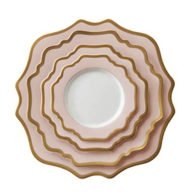 China Sustainable Hot Sale Wedding Gold Rim Scalloped Pink Sunflower Porcelain Dishes Set for sale