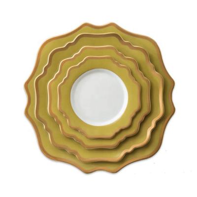 China Sustainable Wedding Dessert Loaf Charger Dish Scalloped Yellow Gold Ceramic Rim Sunflower Dishes Set for sale