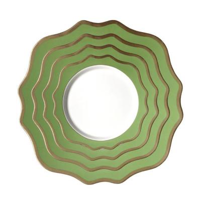 China Viable Customized Porcelain Dinnerware Dish Set Sunflower Green Gold Rim Ceramic Dishes for sale