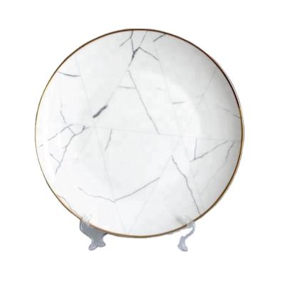 China 10.5 Inch Sustainable Wedding Ceramic Dish Bone China Dinnerware Gold Marble Serving Rim for sale